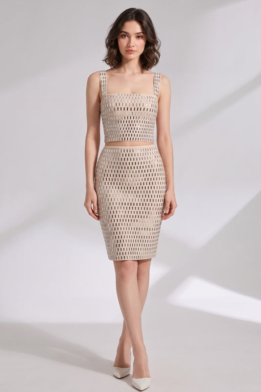 beige bandage knit bodycon, pencil two-piece set (crop top and skirt) beige, nude bandage knit two-piece set (crop top and skirt) - product view 1