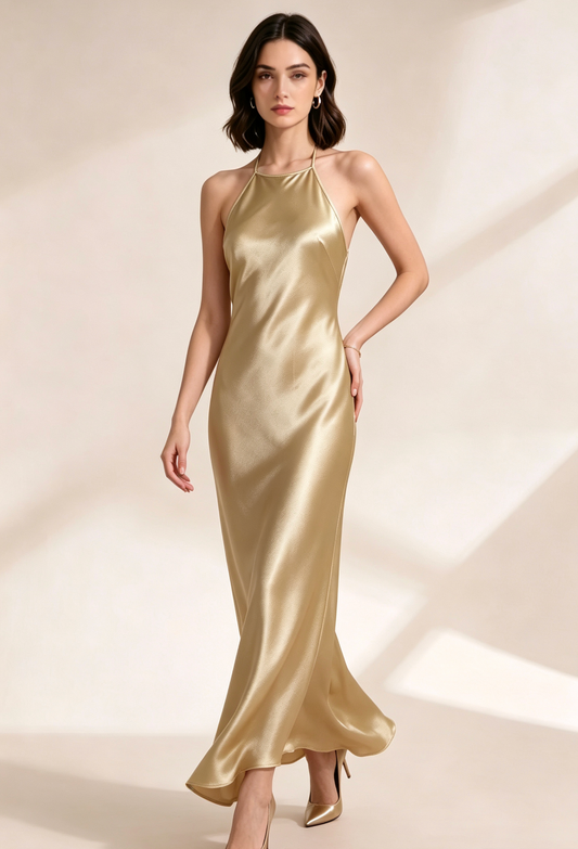 gold satin column evening gown
