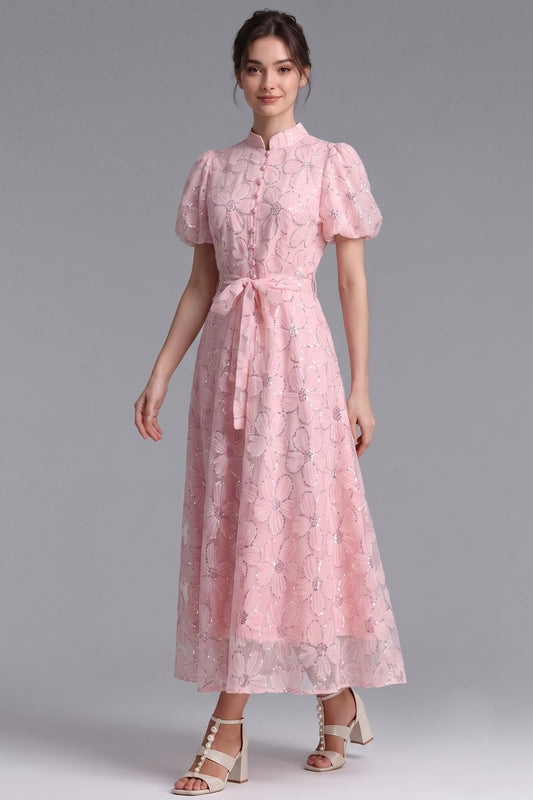 Light Pink Sheer Organza A-Line Midi Dress with Floral Applique light pink sheer organza or tulle overlay dress - product view 3