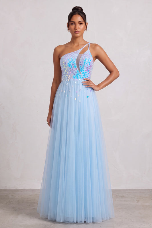 Light Blue Iridescent Tulle Evening Gown with Lace-Up Back Premium Fabric - product view 2