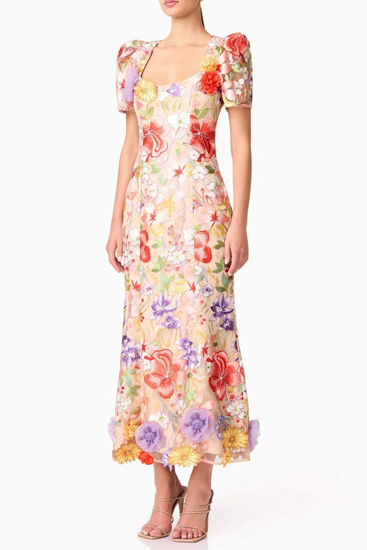 trista multicolor Square Neck backless Mesh Embroidered Fishtail maxi Dress