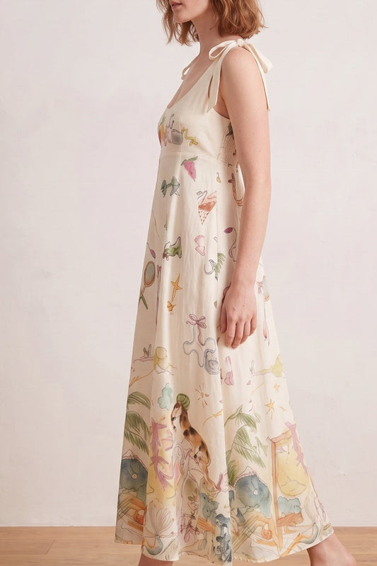 Bow Strap Whimsical Print Empire Midi Dress