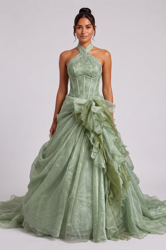 Sage Green Organza Ballgown Gown with Floral Lace and Cascading Ruffles sage green organza gown - product view 1