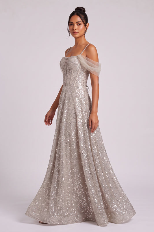 champagne sequined tulle A-line evening gown champagne, silver sequined tulle evening gown - product view 3
