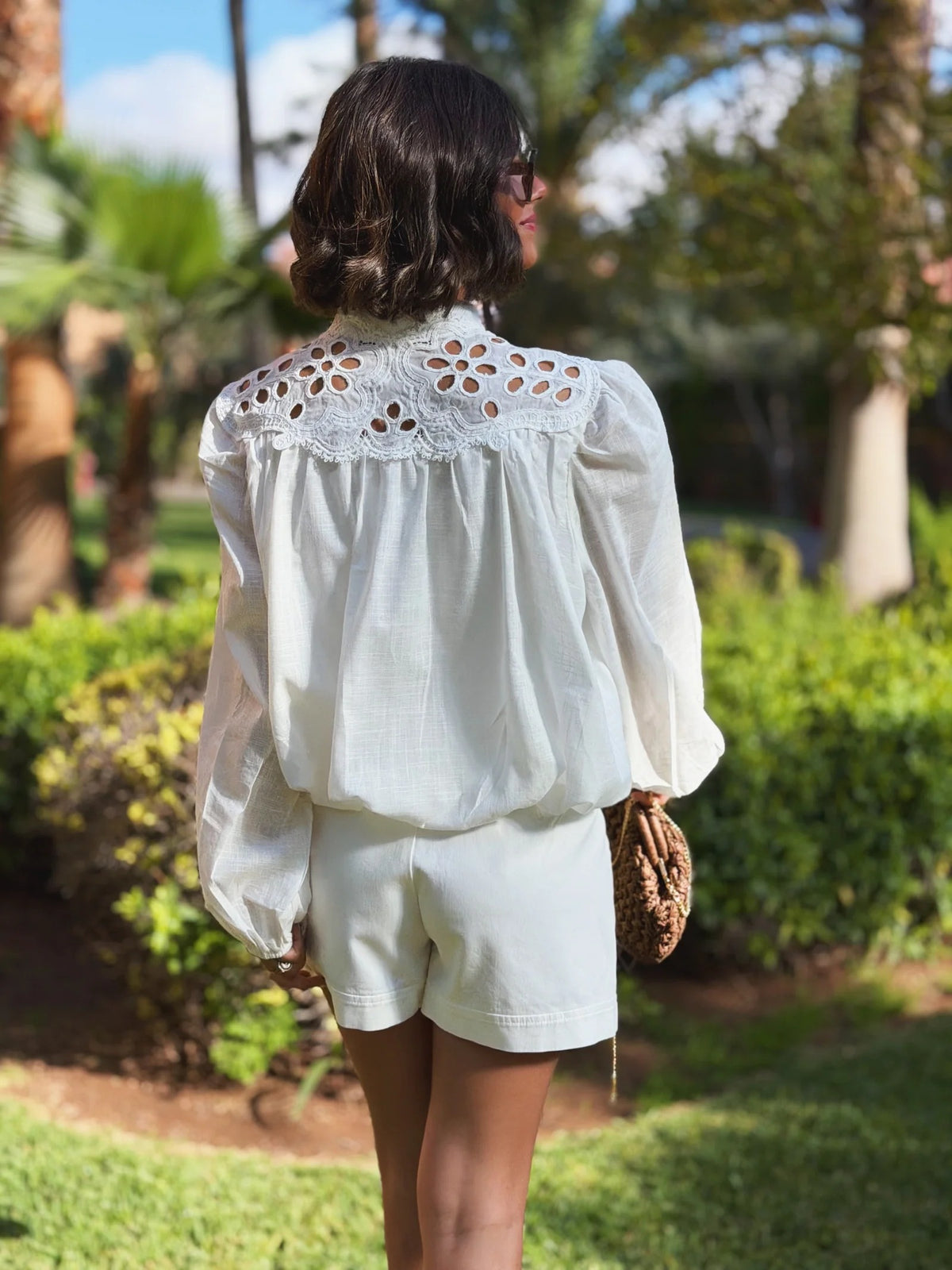 hollow embroidery cotton and linen long-sleeved shirt top