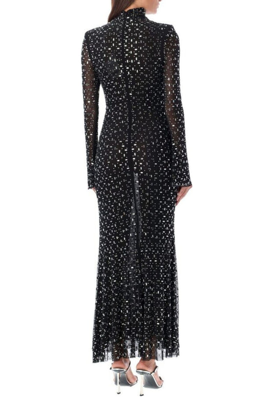 crystal Embellished Mesh Midi Dress in black