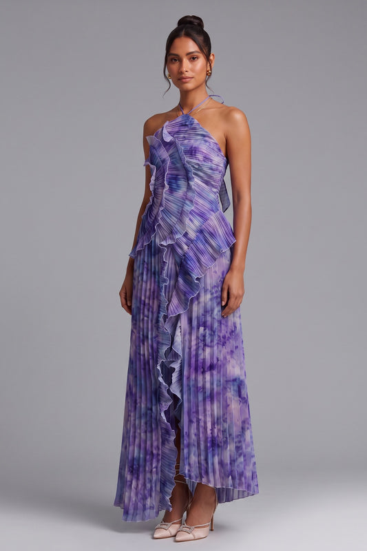 Purple Tie-Dye Pleated Chiffon A-Line Maxi Dress purple, violet pleated chiffon maxi dress - product view 2