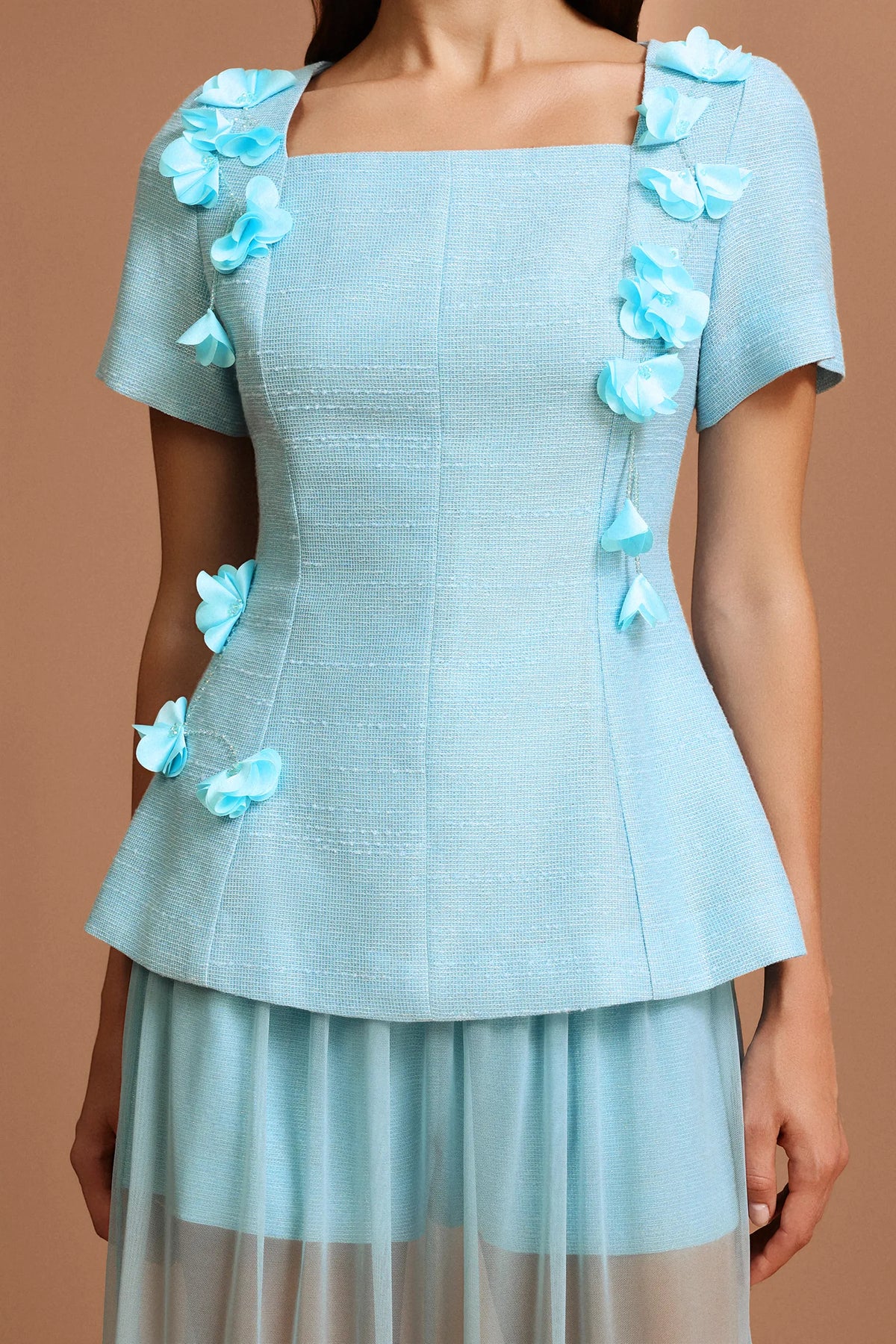 ursula blue Short Sleeves Flowers Folds Top And Skirt Two-Piece Set