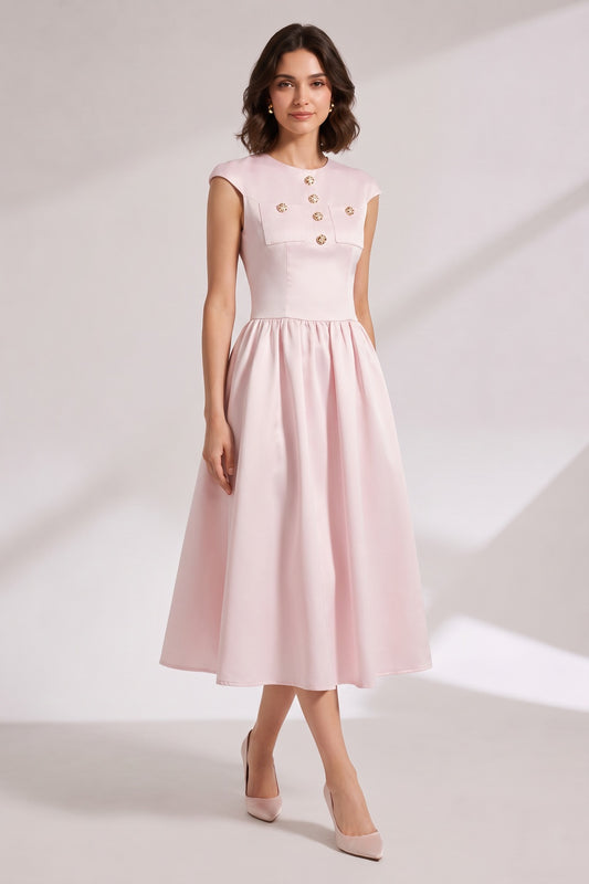 Pink Midi Dress with Cap Sleeves and Back Zipper Premium Fabric - product view 3