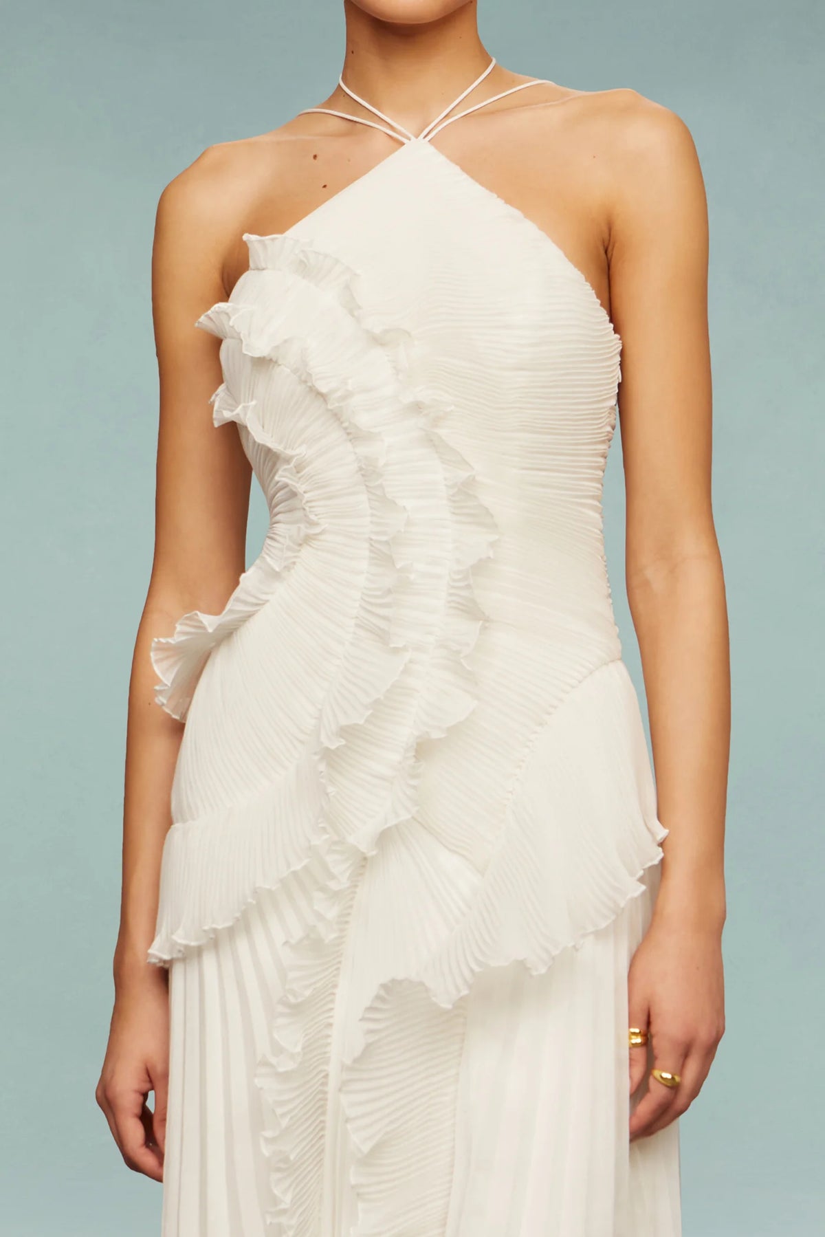 alva Sleeveless Folds Slit Maxi Dress in light white
