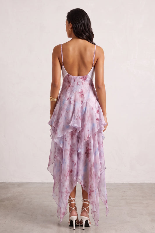 Pink Watercolor Floral Lace V-Neck Asymmetric Ruffle Maxi Slip Dress