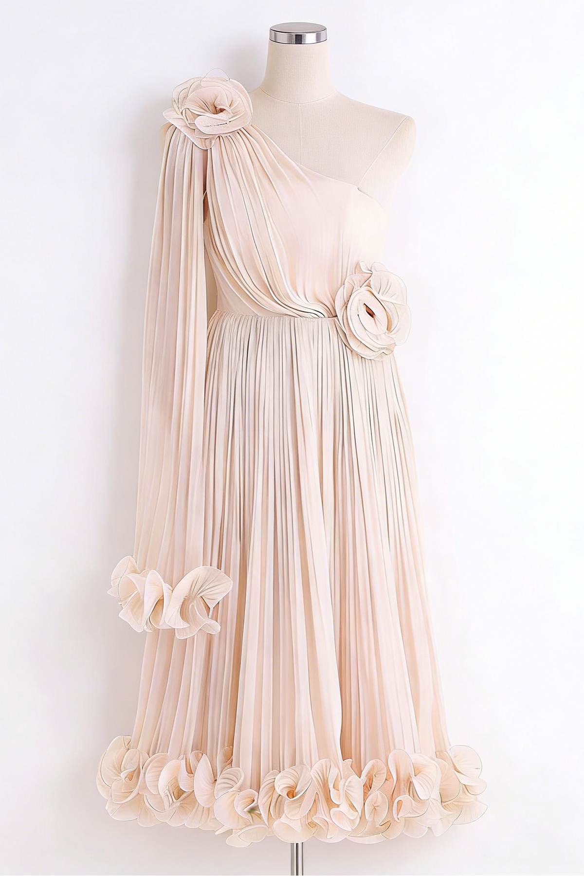 simona one shoulder 3d flower ruffle hem maxi dress in apricot