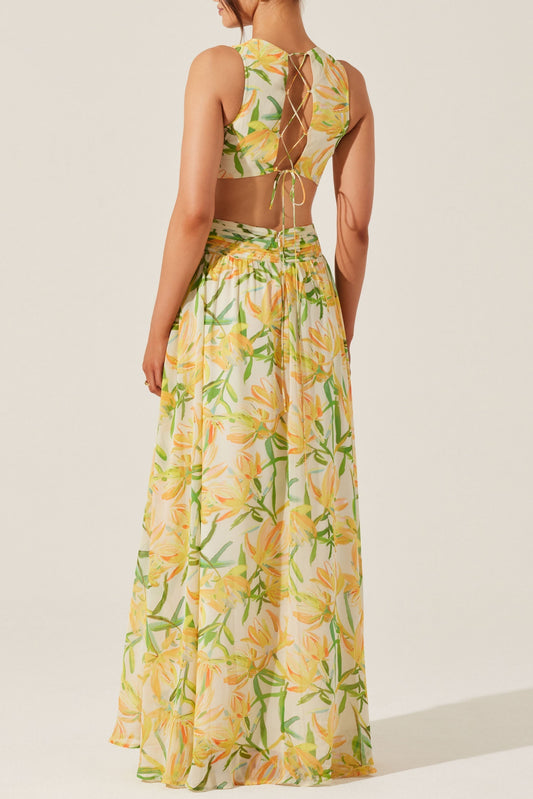 alyssa ruffle floral cutout maxi dress in yellow