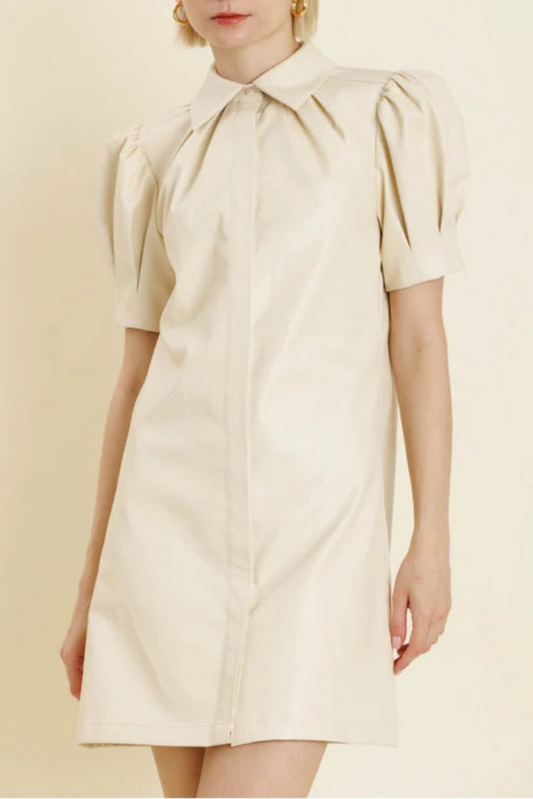 White lapel collar leather puff sleeves mini dress