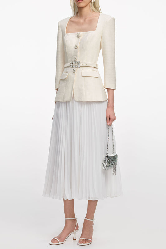 yuri Cream Boucle Long Sleeve Chiffon Midi Dress