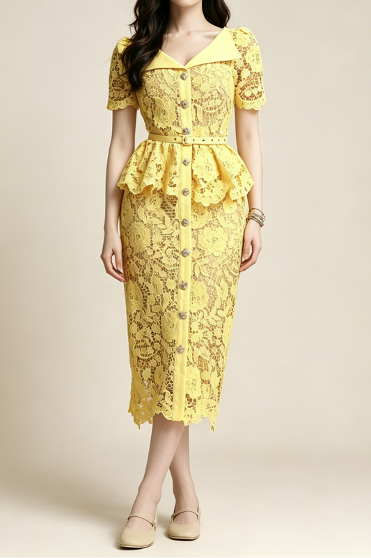 Lemon Yellow Floral Lace Peplum Midi Dress with Lapel Collar & Crystal Buttons