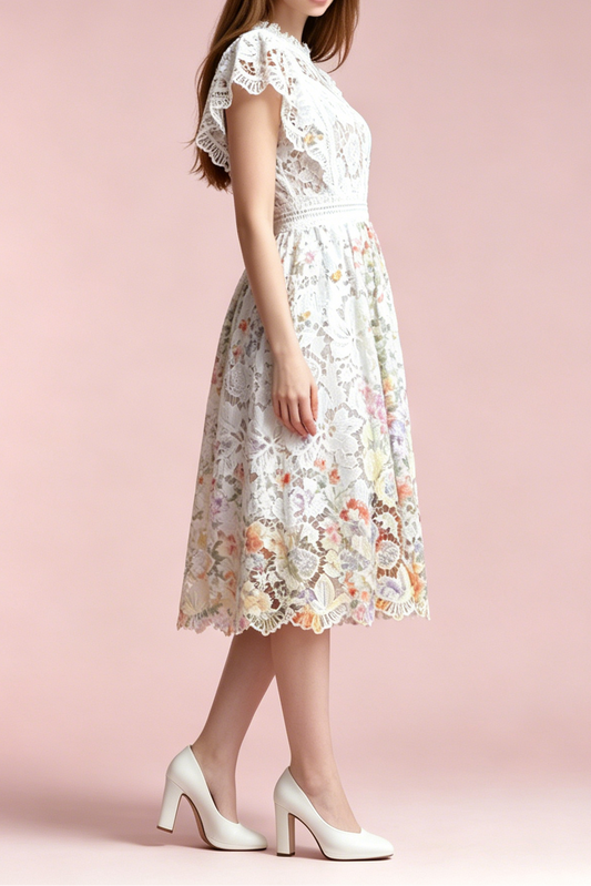 White Hollow Floral Lace Cap Sleeve Colorful Floral Lined A-Line Midi Dress