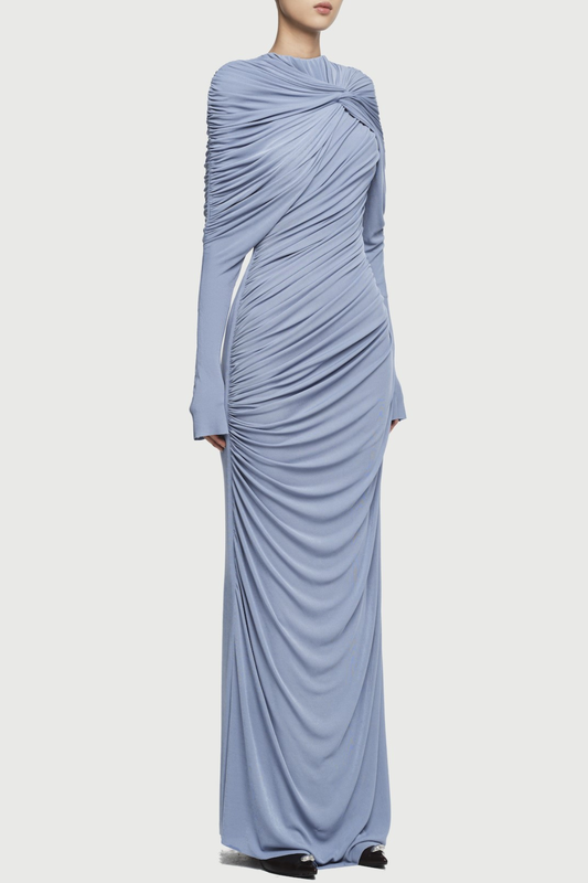 bonnie long sleeve pleated knot bodycon maxi dress in blue