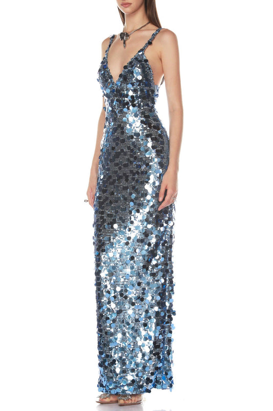 roberta Deep V-Neck Sequin Column Gown in blue