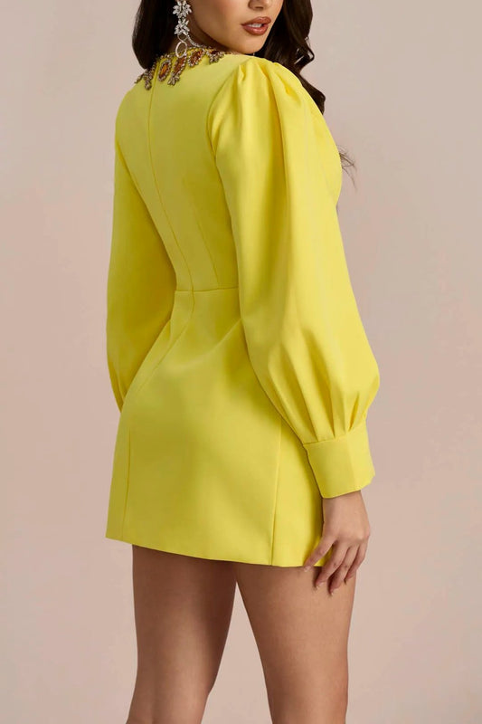 AMELIA CRYSTAL-EMBELLISHED LANTERN SLEEVE MINI DRESS