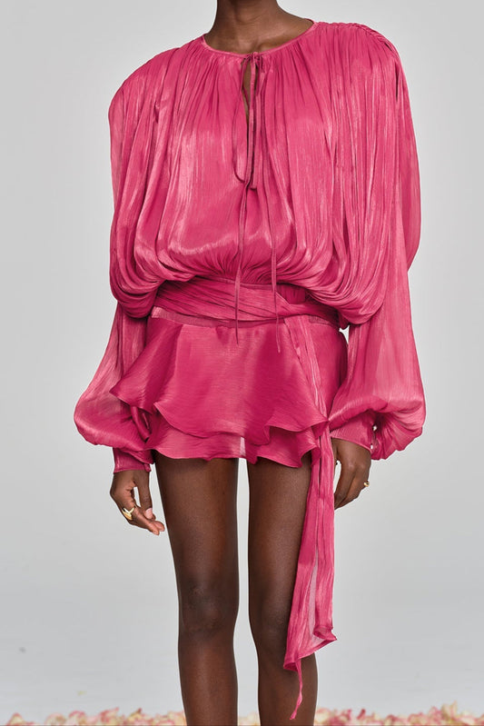 hermosa Balloon Sleeve Ruch Ruffle Mini Dress In Rose Red