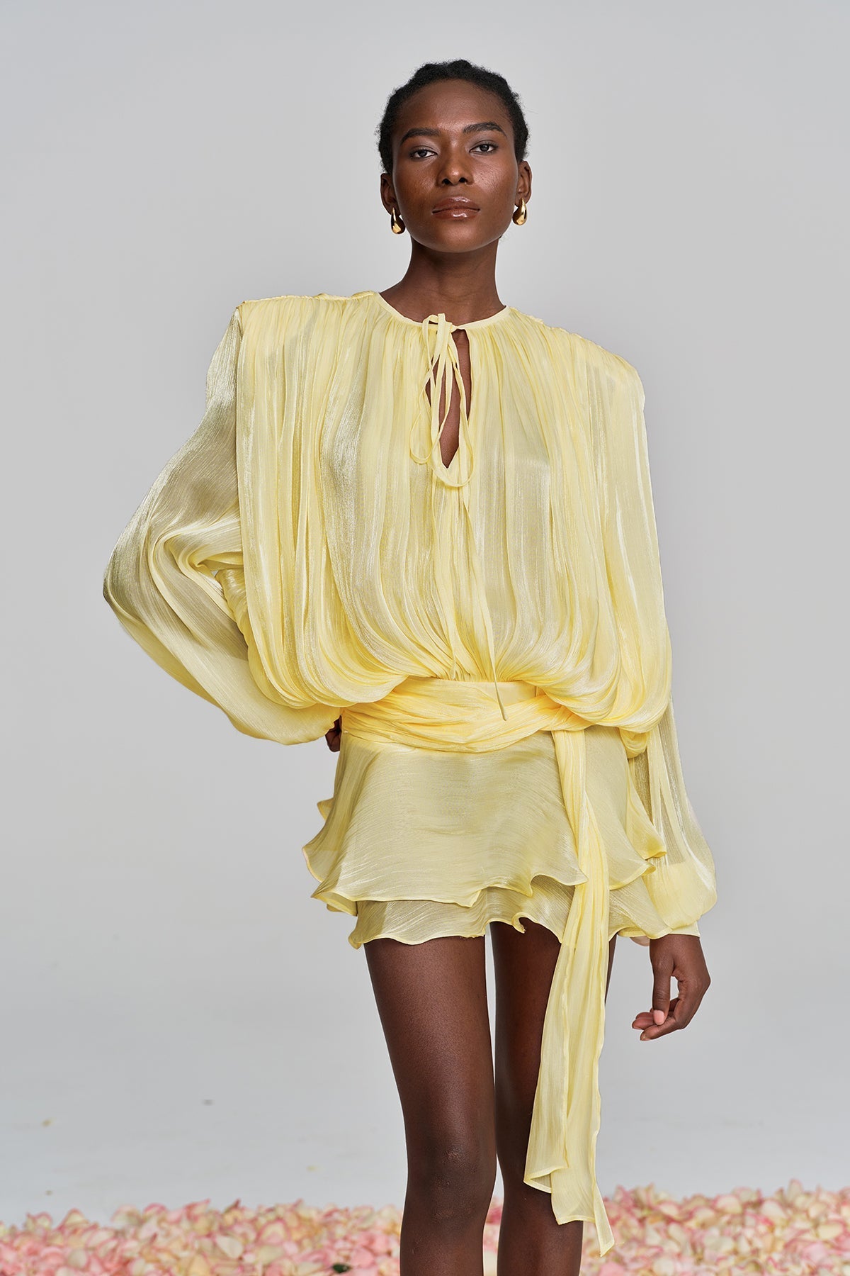 hermosa Balloon Sleeve Ruch Ruffle Mini Dress In Yellow