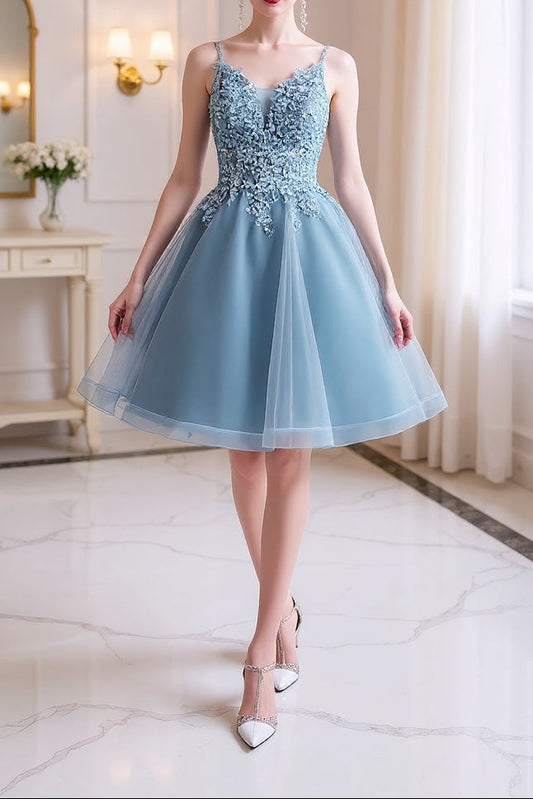 Gray blue Sequin midi Prom Dress