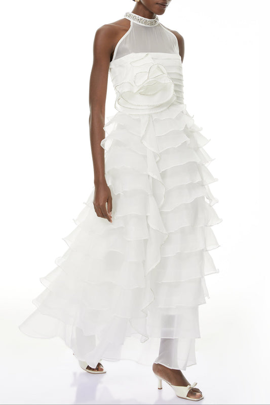 samantha White 3D Petal Ruffled rhinestone embellished Maxi Dress