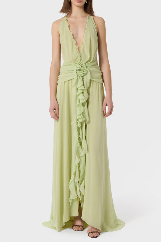 Aonaver Floral Ruffle Halter Maxi Dress - Green