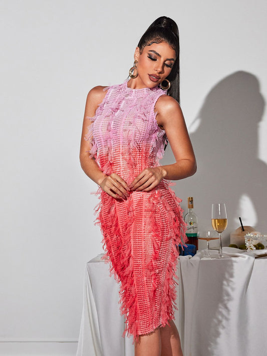 Arlo Ombre Fringe Midi Dress In Pink