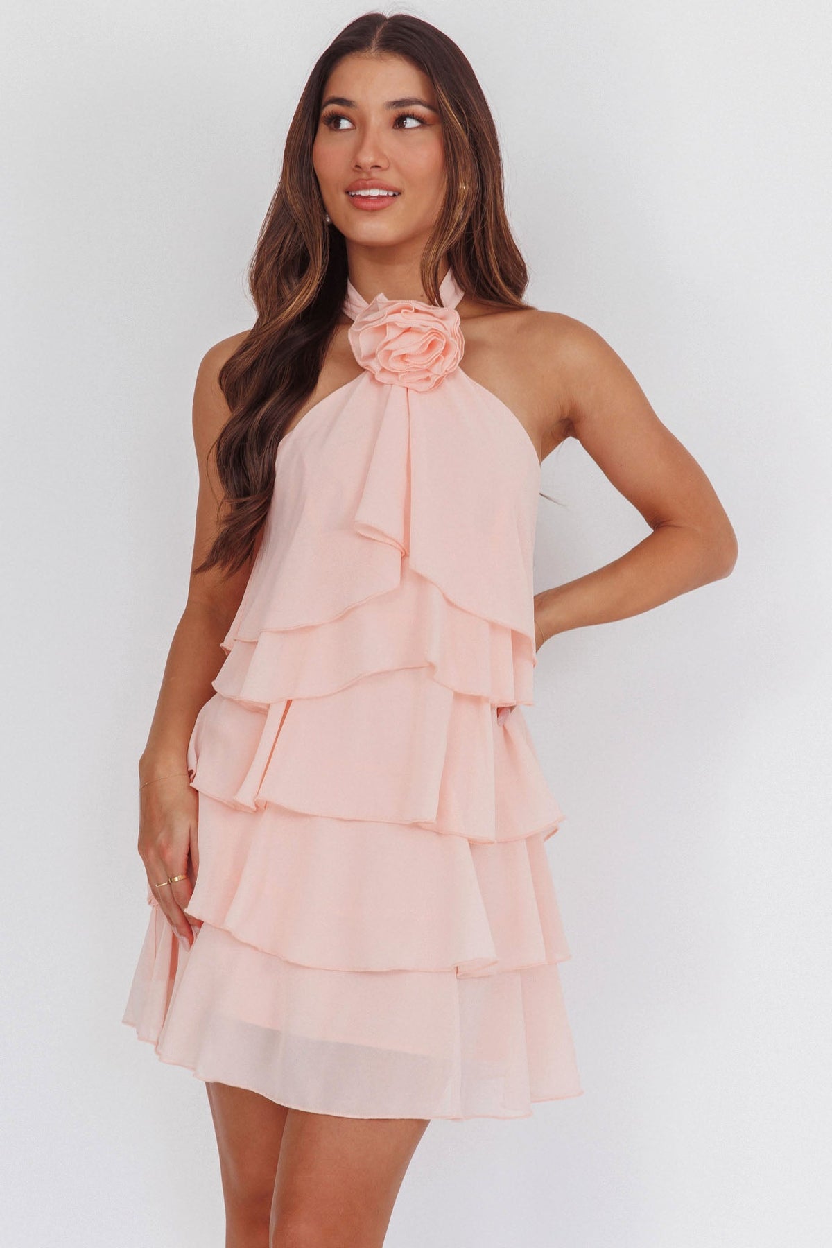 rebecca Halterneck Ruffle Mini Dress in pink
