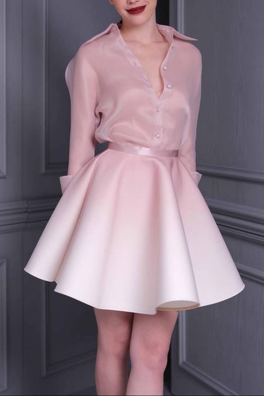 roberta pink long sleeve silk shirt mini skirt set