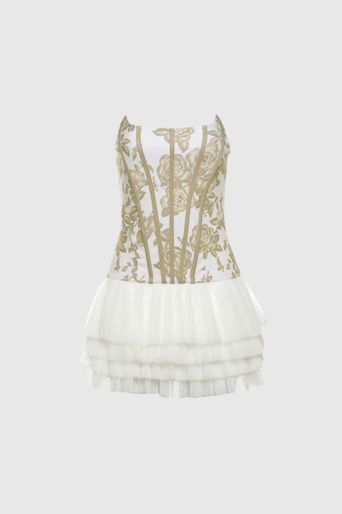 Beda Strapless Floral Mesh Ruch Mini Dress In Yellow