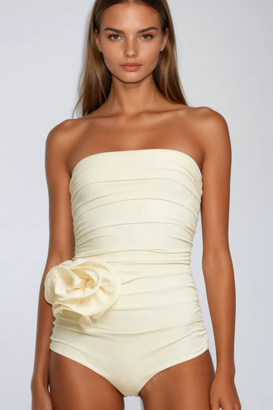nancy Ruched Flower One Piece Swimsuit In Cream