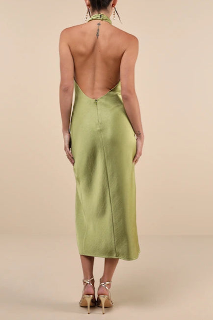 Beyond Classy Chartreuse Satin Halter Midi Dress