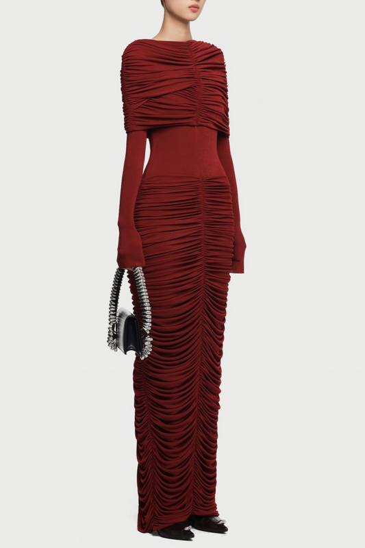 alice red pleated Form-fitting maxi dress with asymmetrical draped shoulder