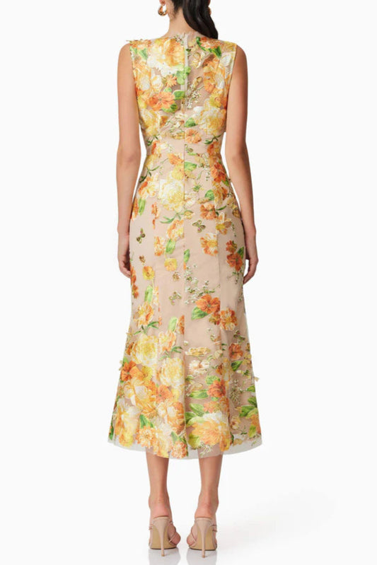 elsie 3d floral embroidered midi dress in yellow