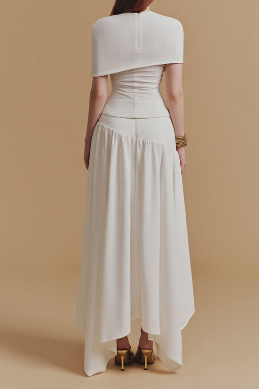 CASSIA Asymmetrical ruched top Midi Skirt set in white
