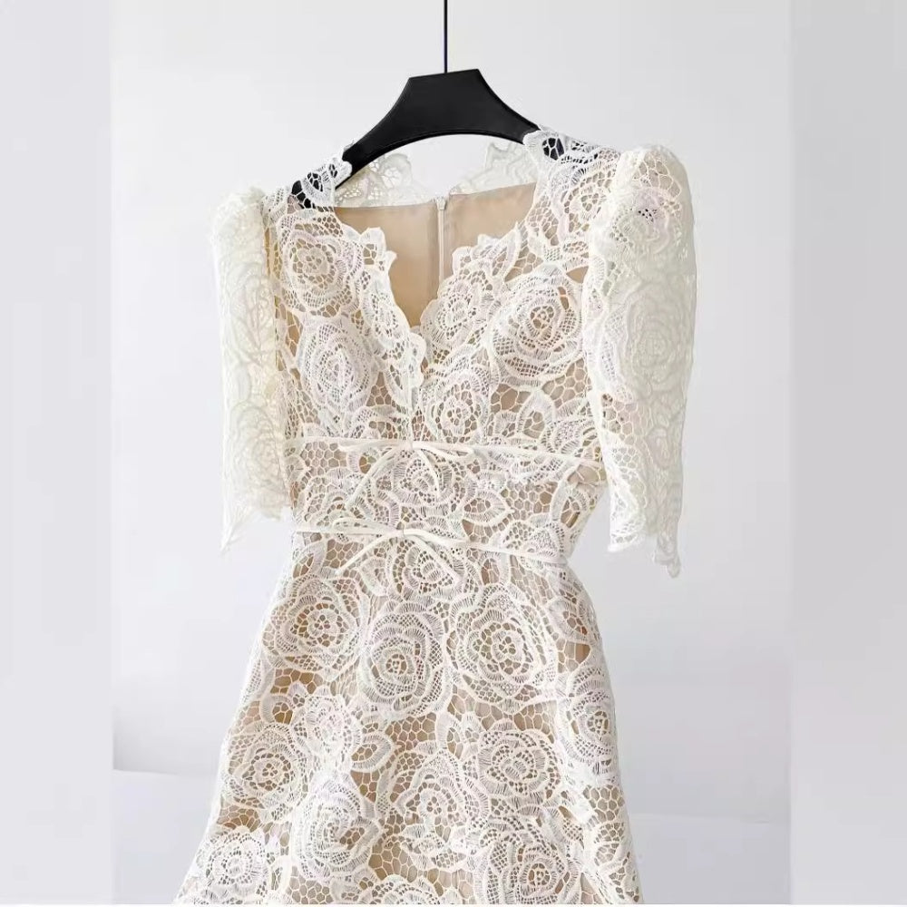 Martha Puff Sleeve 3D Rose Lace Midi Dress