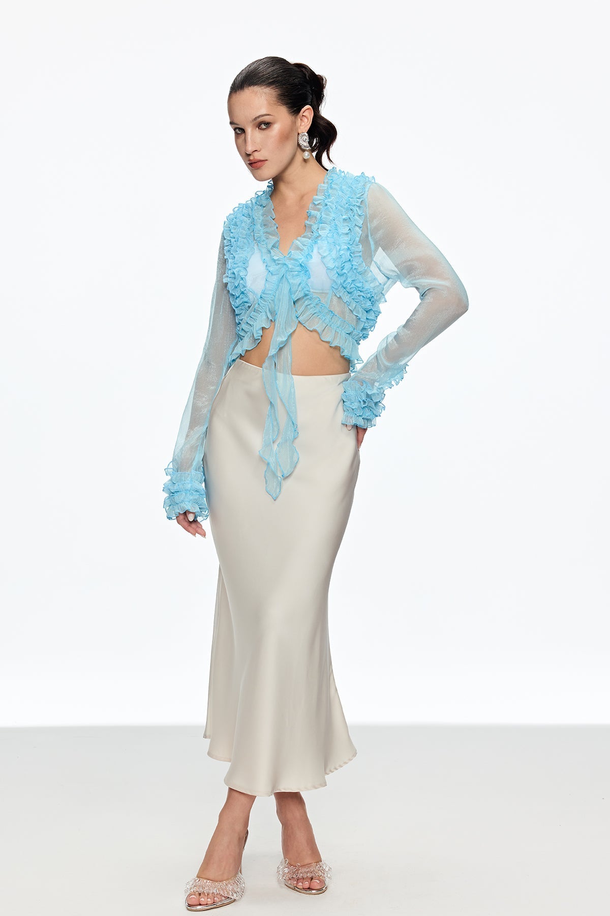 eudora Ruffle Plunge Lace Up Top in blue