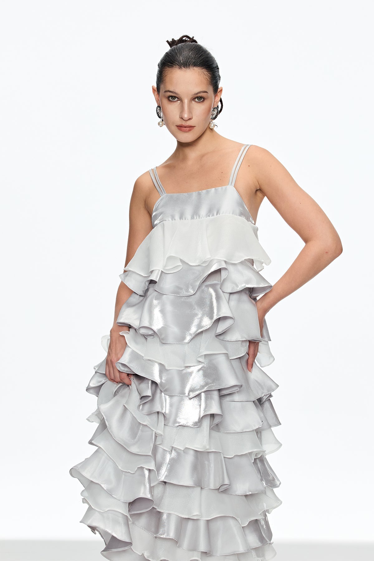griselda Ruffle Spaghetti Midi Dress in silver