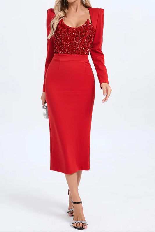 MELISSA LONG SLEEVE PATCHWORK SEQUIN MIDI DRESS IN RED