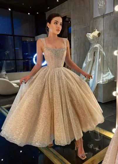 A-Line Glitter Sleeveless Light Champagne Wedding Dresses