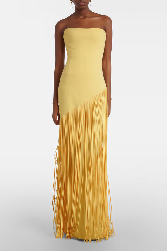 Pale Yellow Cape Overlay Diagonal Fringe Mermaid Maxi Gown