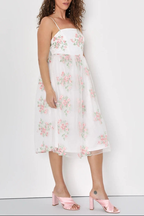 White Floral Embroidered Tulle Midi Dress