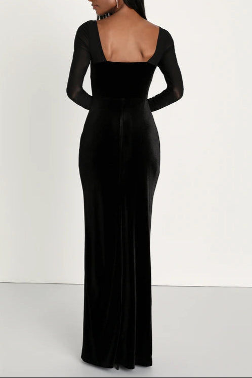 Certifiably Chic Black Velvet Mesh Long Sleeve Maxi Dress