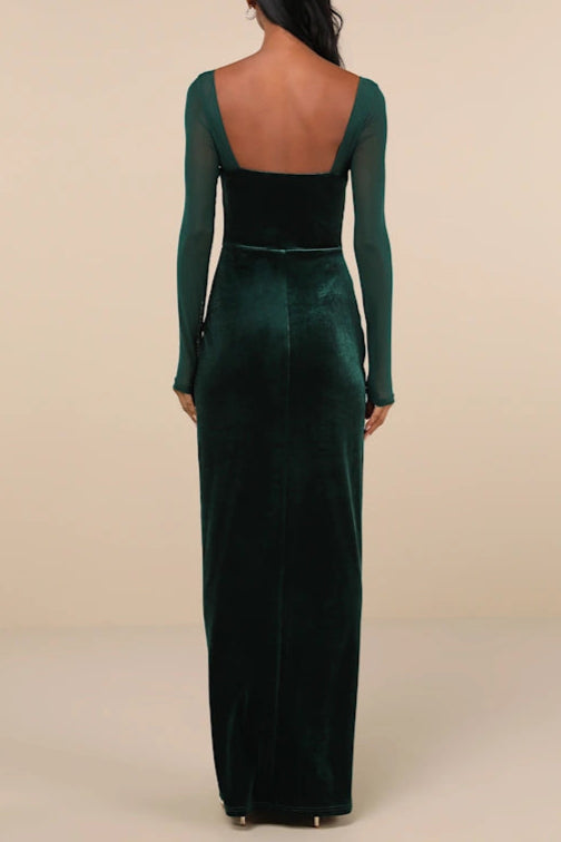 Certifiably Chic Emerald Velvet Mesh Long Sleeve Maxi Dress