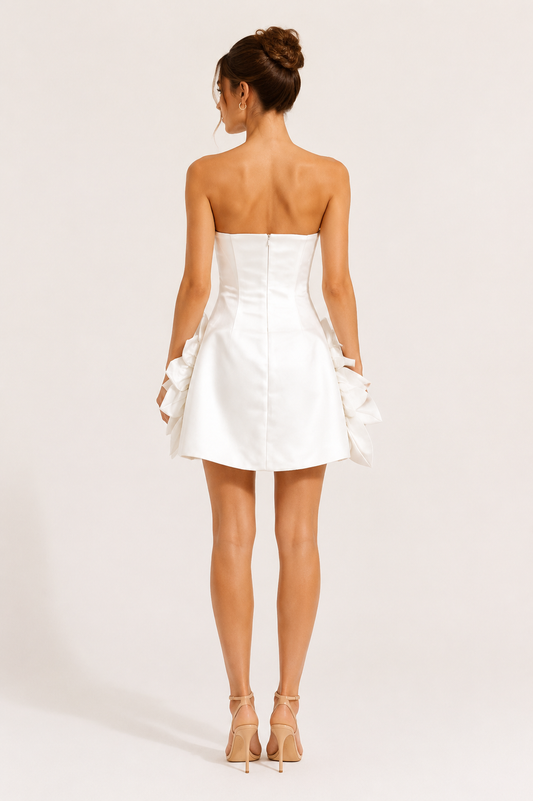 Strapless 3D Floral Satin Mini Dress In White