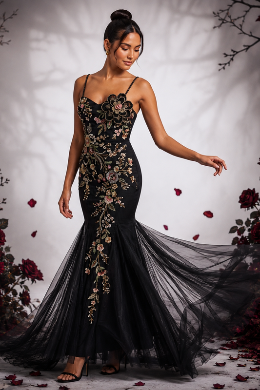 Black Tulle Mermaid Gown with Floral Beadwork
