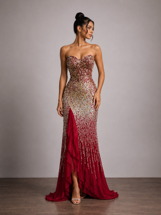 Red and Gold Sequined Mesh Column Gown